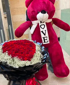 Red Rose Bouquet with Teddy Bear | دسته‌گل گل سرخ با خرس عروسکی..