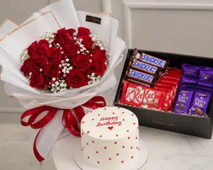Red Rose Bouquet & Cake , Gift Box | دسته گل رز با کیک و باکس هدیه
