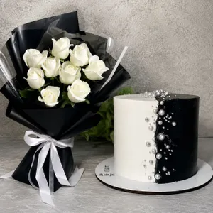 White Bouquet & Cake | دسته گل سفید با کیک